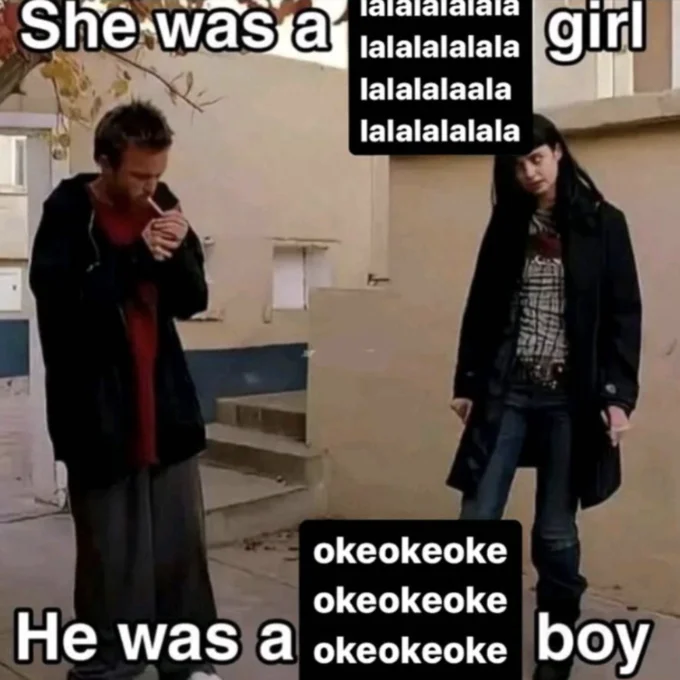 Lalala Vs Okokok — Breaking Bad Jesse and Jane meme with lalala girl and okeoke boy text overlay