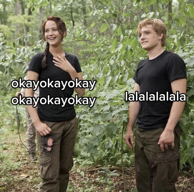 Lalala Vs Okokok — Hunger Games Katniss and Peeta meme with okayokay and lalala labels