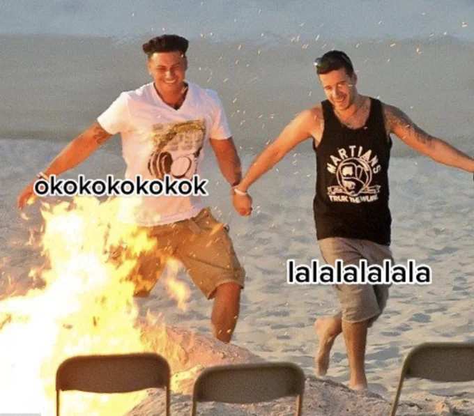 Lalala Vs Okokok — Pauly D and Vinny from Jersey Shore running on a beach with okok and lalala labels