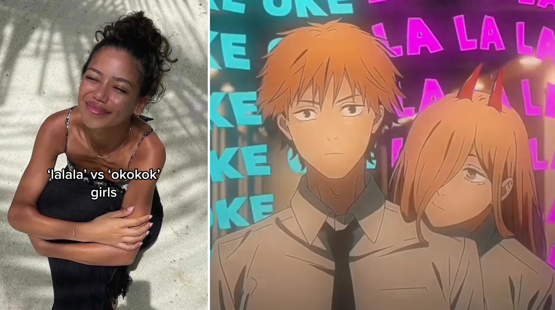 Split image comparing a beach photo of a woman labeled 'lalala vs okokok girls' with a Chainsaw Man anime scene