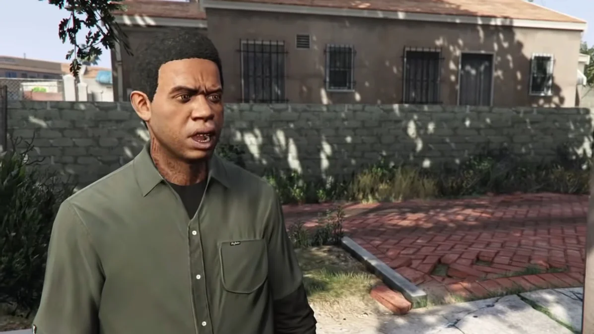 Lamar Roasts Franklin Yee Yee Ass Haircut — Lamar Davis from GTA V with a shocked expression outdoors