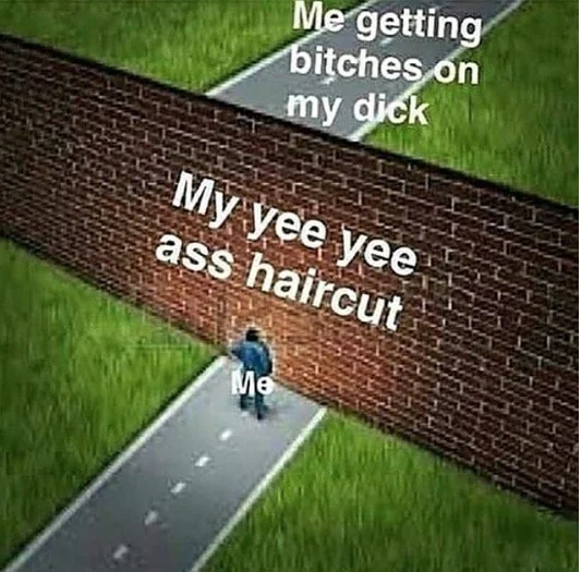 Lamar Roasts Franklin Yee Yee Ass Haircut — Brick wall meme labeled yee-yee ass haircut blocking the path