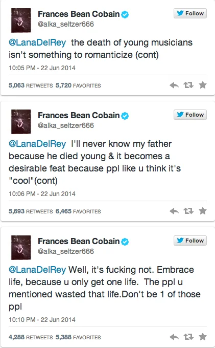 Screenshot of Frances Bean Cobain replying to Lana Del Rey on Twitter