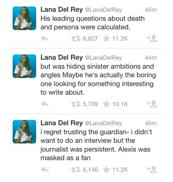 Screenshot of Lana Del Rey tweets criticizing a Guardian interview