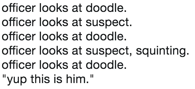 Lancaster Amateur Police Sketch — officer looks at doodle officer looks at suspect. officer looks at doodle officer looks at suspect, squinting officer looks
