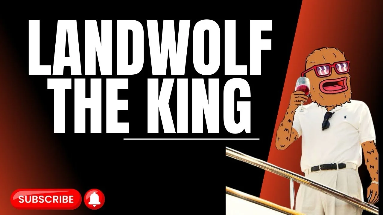 Character portrait of Landwolf from Boy's Club wearing red sunglasses with a characteristic grin and brown appearance, labeled 'LANDWOLF THE KING' against a