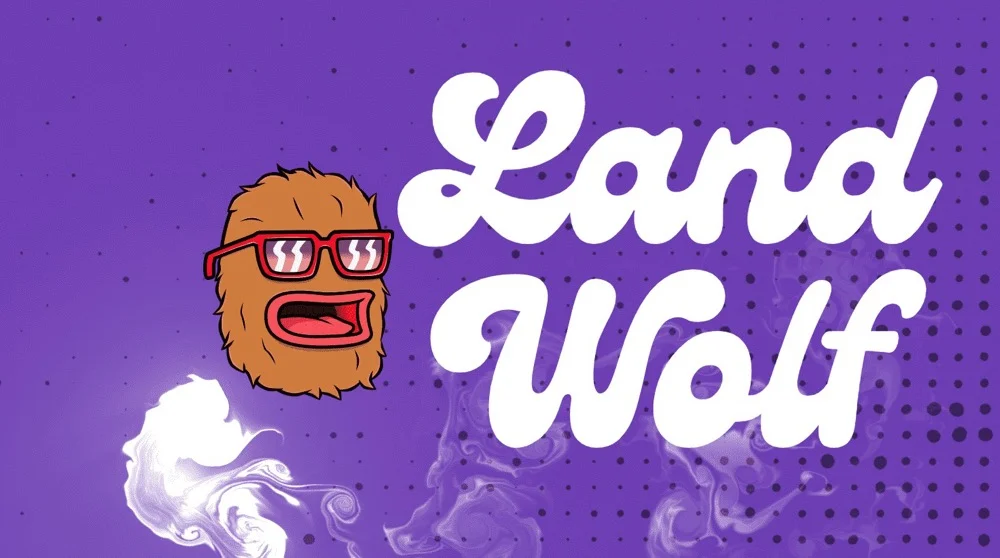 Clean portrait of Landwolf against a vibrant purple gradient background, featuring red sunglasses, brown fur texture, and expressive grin with the name 'Land