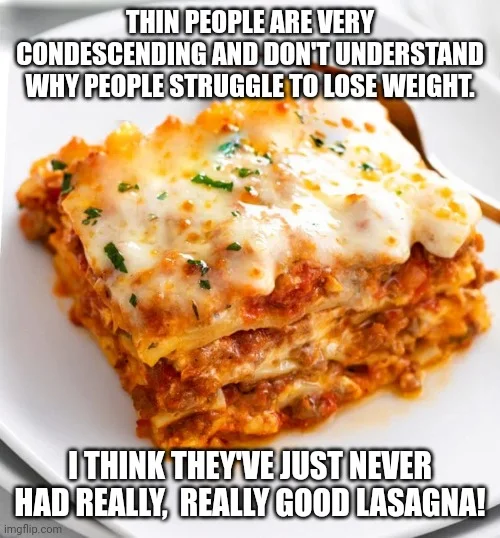 Lasagne Chronicles — Photograph of baked lasagne on white plate with impact text about diet temptation and good lasagne.