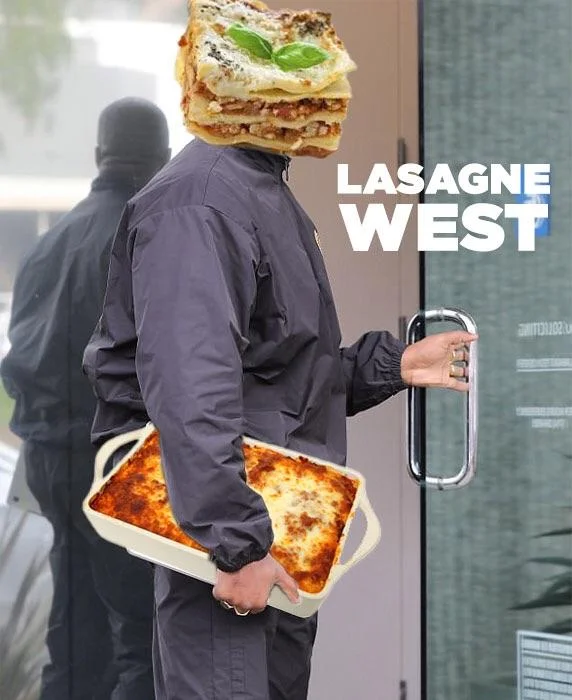 Lasagne Chronicles — Surreal composition with person from behind with lasagne replacing head holding lasagne slices, 'Lasagne West' text.