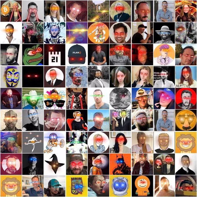 Laser Eyes Bitcoin Trend Laserrayuntil100K — A collage grid displaying dozens of different people who participated in the laser eyes Bitcoin trend by editing