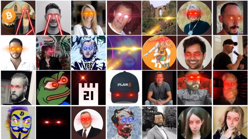 Laser Eyes Bitcoin Trend Laserrayuntil100K — A comprehensive grid collage featuring dozens of individuals with laser eyes effect applied to their profile