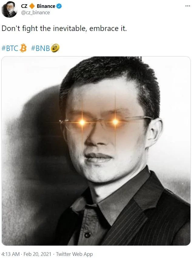 Laser Eyes Bitcoin Trend Laserrayuntil100K — A Twitter post featuring CZ from Binance with a golden glowing laser eyes effect applied to their profile picture.