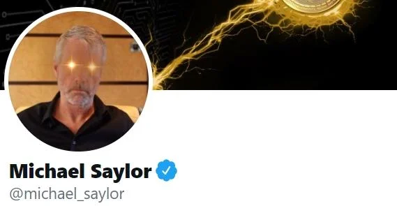 Laser Eyes Bitcoin Trend Laserrayuntil100K — A profile picture of Michael Saylor featuring a creative take on the laser eyes trend, with a glowing Bitcoin