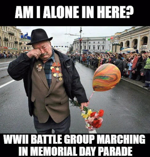 Last Veteran of WWII Battle Group Marching Alone in Victory Day Parade — Veteran meme variation with 'Am I alone in here?' top text and 'WWII battle group