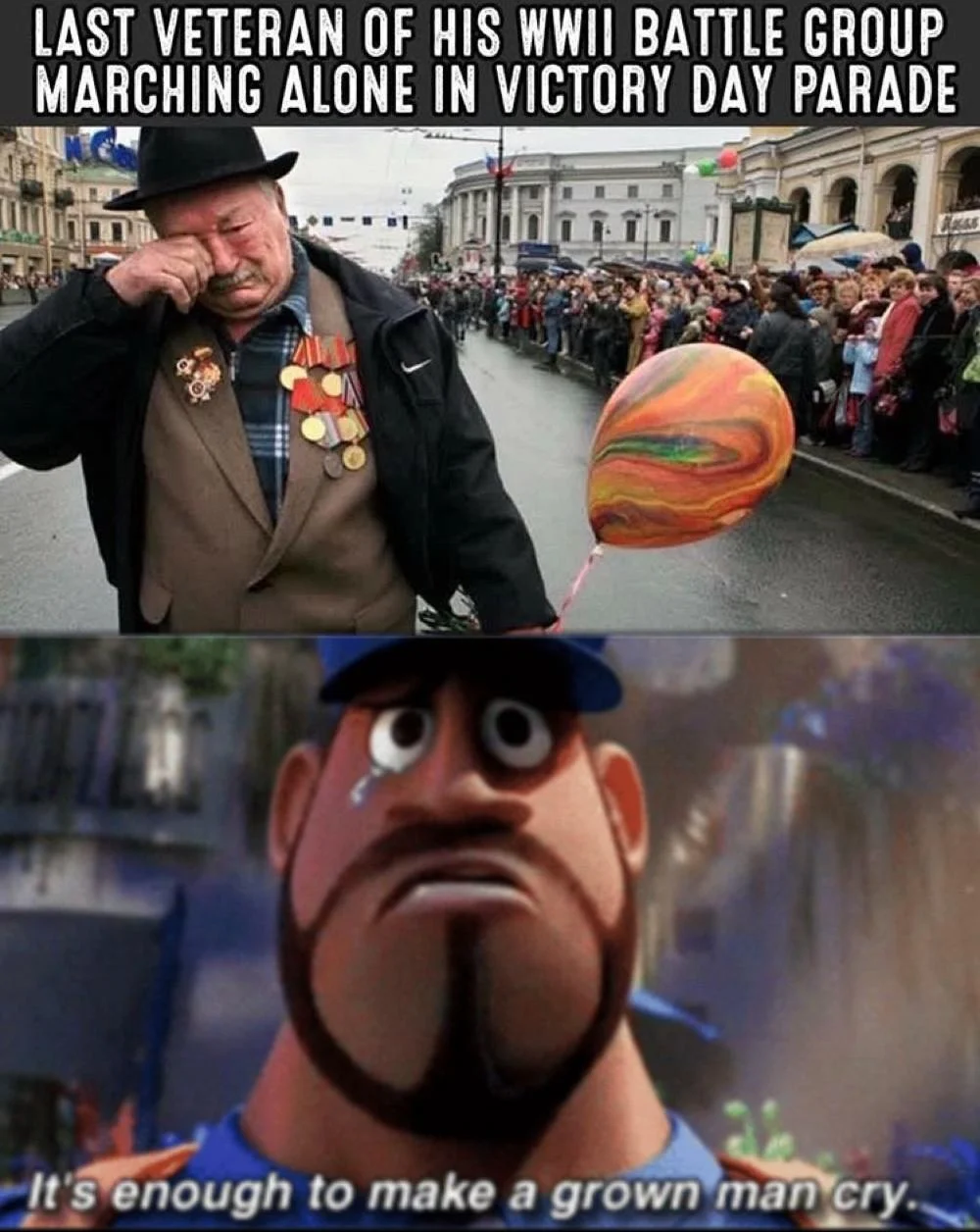 Last Veteran of WWII Battle Group Marching Alone in Victory Day Parade — Two-panel meme with WWII veteran photo above and a crying Monsters Inc character