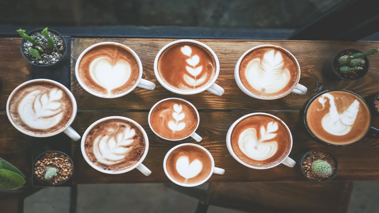 Nine coffee cups arranged on wooden planks, each showing different latte art patterns including hearts, rosettas and a swan.