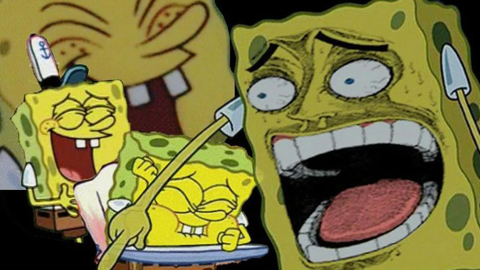 Composite of the laughing SpongeBob meme showing the original scene and the distorted close-up laughing face