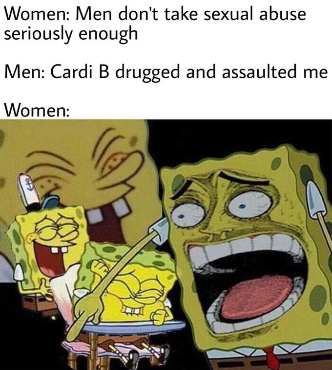 Laughing SpongeBob meme captioned about Cardi B assault admission