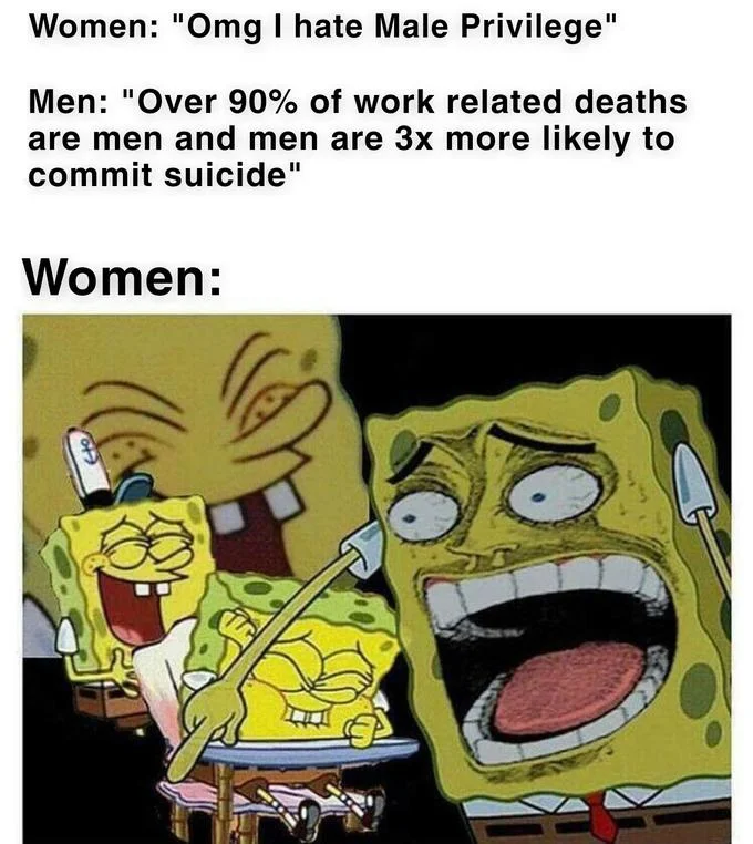 Laughing SpongeBob meme reacting to caption about male privilege and suicide statistics