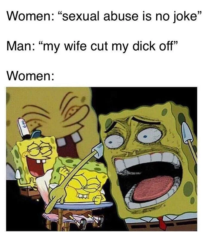 Laughing SpongeBob meme with offensive caption about male sexual abuse