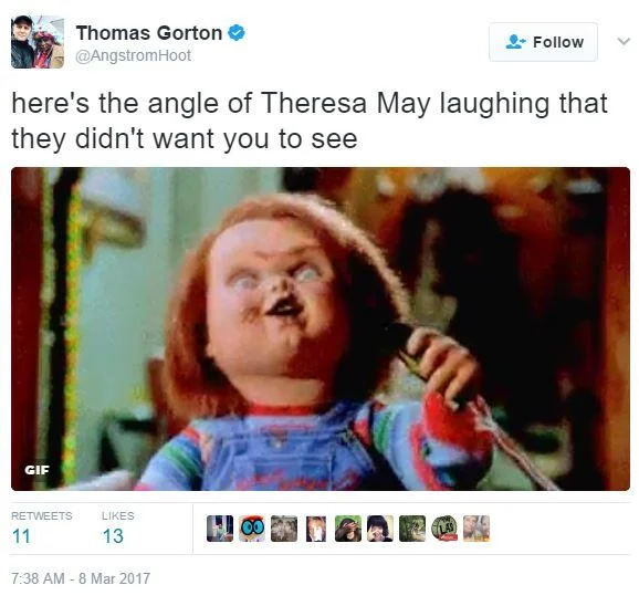 Laughing Theresa May — Tweet comparing Theresa May's laugh to the Chucky doll