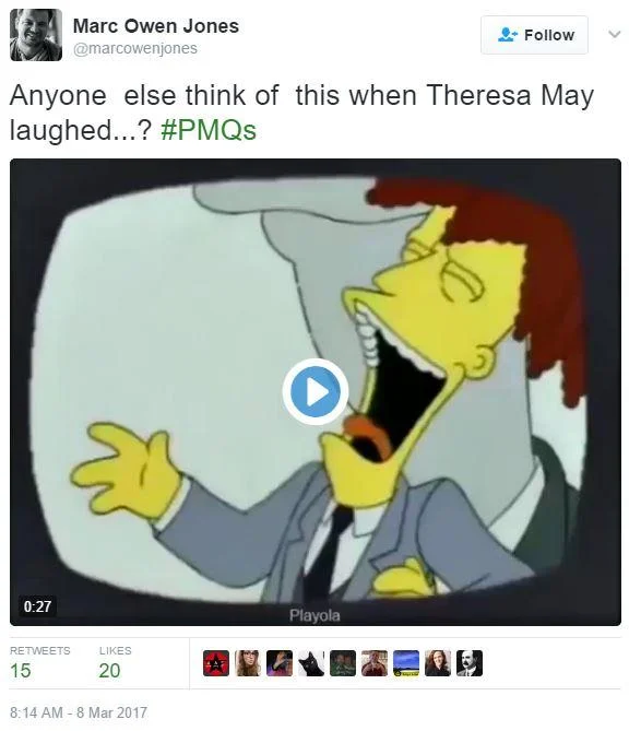 Laughing Theresa May — Tweet comparing Theresa May's laugh to Sideshow Bob from The Simpsons