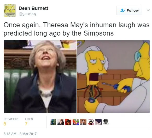 Laughing Theresa May — Tweet placing Theresa May's laugh next to Sideshow Bob from The Simpsons
