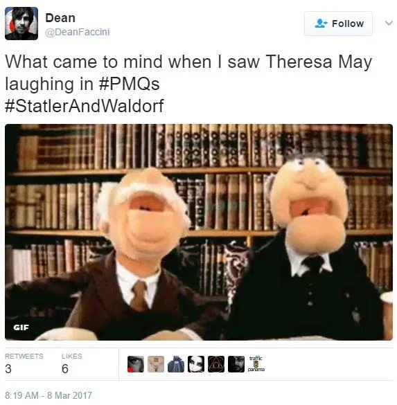 Laughing Theresa May — Tweet comparing Theresa May's laugh to Statler and Waldorf from The Muppets