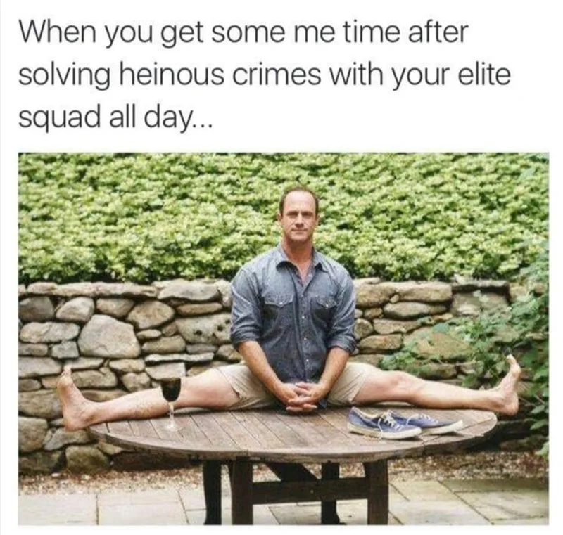 Law and Order — Meme of Christopher Meloni doing splits on a table with SVU caption