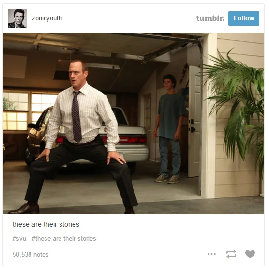 Law and Order — Tumblr post of Elliot Stabler in a wide squatting stance in a garage