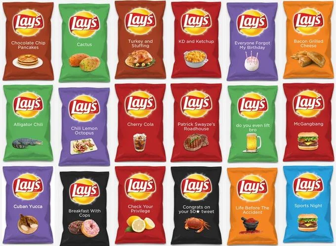 Lays Do Us A Flavor Parodies — Eighteen parody Lay's chip bags with satirical and bizarre flavor names arranged in a grid