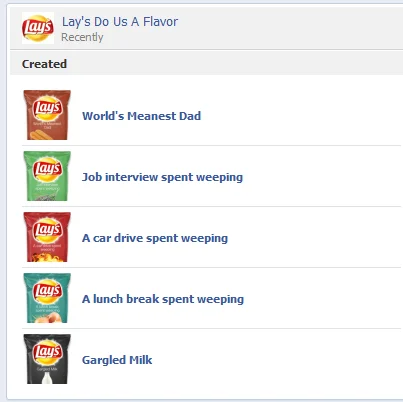 Lays Do Us A Flavor Parodies — Facebook feed screenshot showing user-submitted parody Lay's flavor names