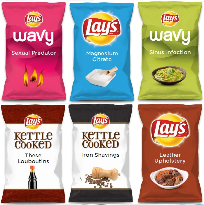 Lays Do Us A Flavor Parodies — Six parody Lay's chip bags with absurd flavor names like Sexual Predator and Sinus Infection