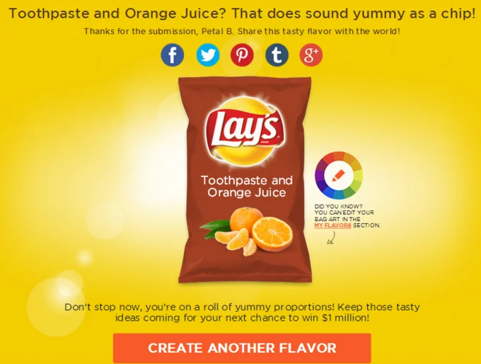 Lays Do Us A Flavor Parodies — Lay's contest confirmation page showing Toothpaste and Orange Juice parody flavor submission