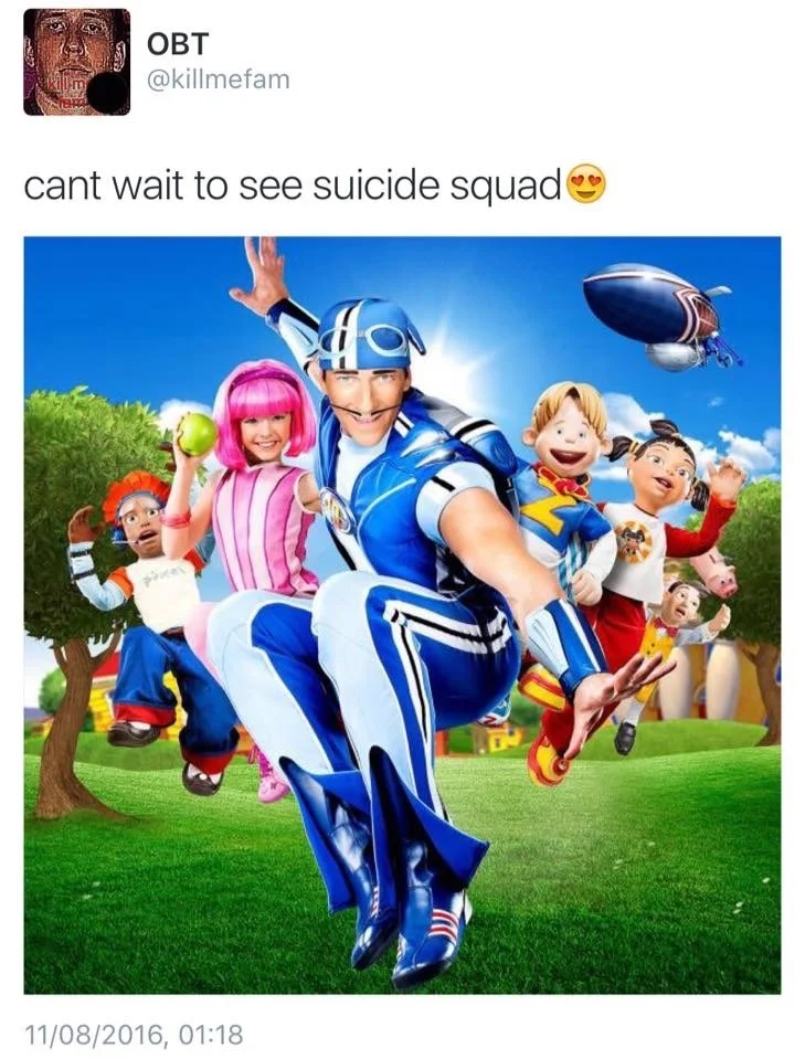 Lazy Town — The colorful LazyTown cast in official costumes paired with a humorous tweet comparing the characters to the Suicide Squad.