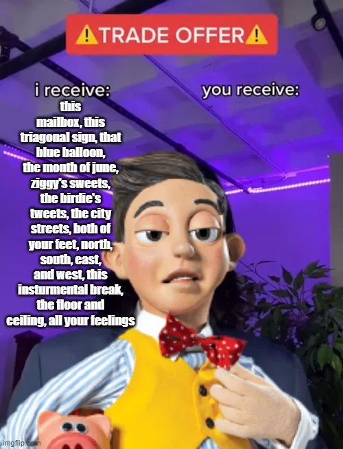 Lazy Town — A LazyTown character in a yellow shirt used in the Trade Offer meme template with a yellow warning banner and comedic text.