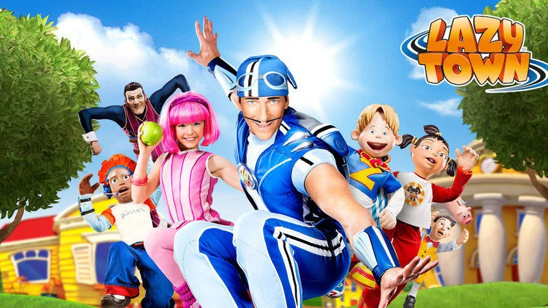 LazyTown cast promotional image with Sportacus, Stephanie, Robbie Rotten and other characters