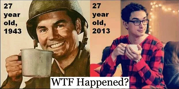 Le Wrong Generation — A split image comparing a smiling WWII-era soldier labeled '27 year old, 1943' on the left holding a tin cup with a young man in plaid