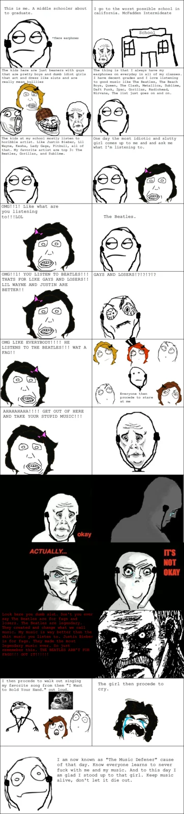 Le Wrong Generation — A long vertical rage comic featuring multiple rage-face characters debating modern versus classic music, using familiar faces like