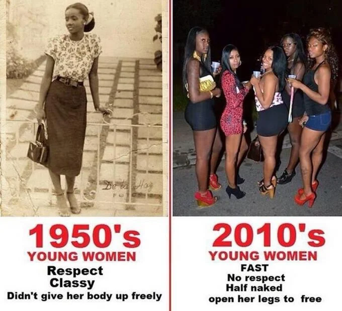 Le Wrong Generation — A split comparison image contrasting a modestly dressed 1950s woman labeled 'Respect, Classy' with women in revealing clothing labeled