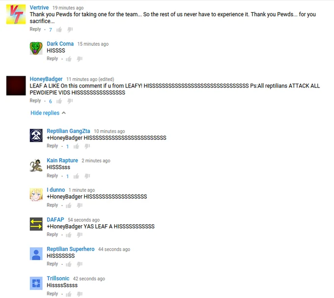 YouTube comments telling viewers to leaf a like and hiss on PewDiePie videos