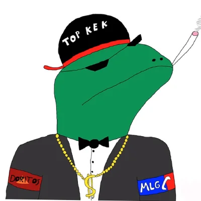 Leaf a Like — Cartoon green reptilian with TOP KEK cap and MLG regalia