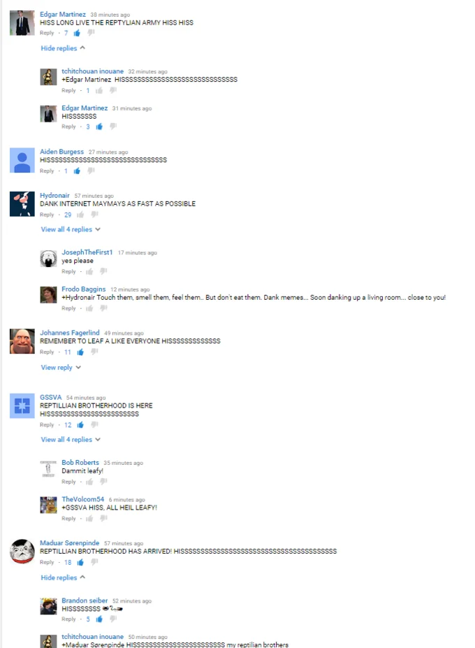 Leaf a Like — YouTube comments spamming Reptilian Brotherhood HISS messages