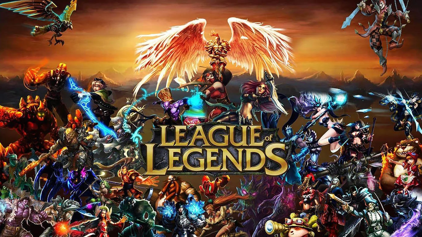 League of Legends promotional artwork featuring the game logo and a large roster of champions