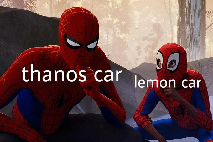 Learning to be Spider-Man — Spider-Verse meme captioned thanos car and lemon car