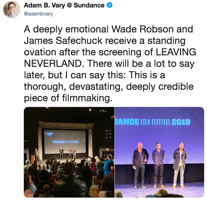Tweet by Amy Kaufman showing police outside the Sundance premiere of Leaving Neverland