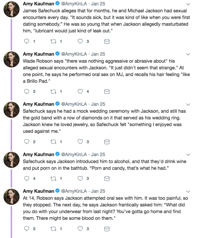 Tweet from Adam B. Vary about the Leaving Neverland standing ovation at Sundance