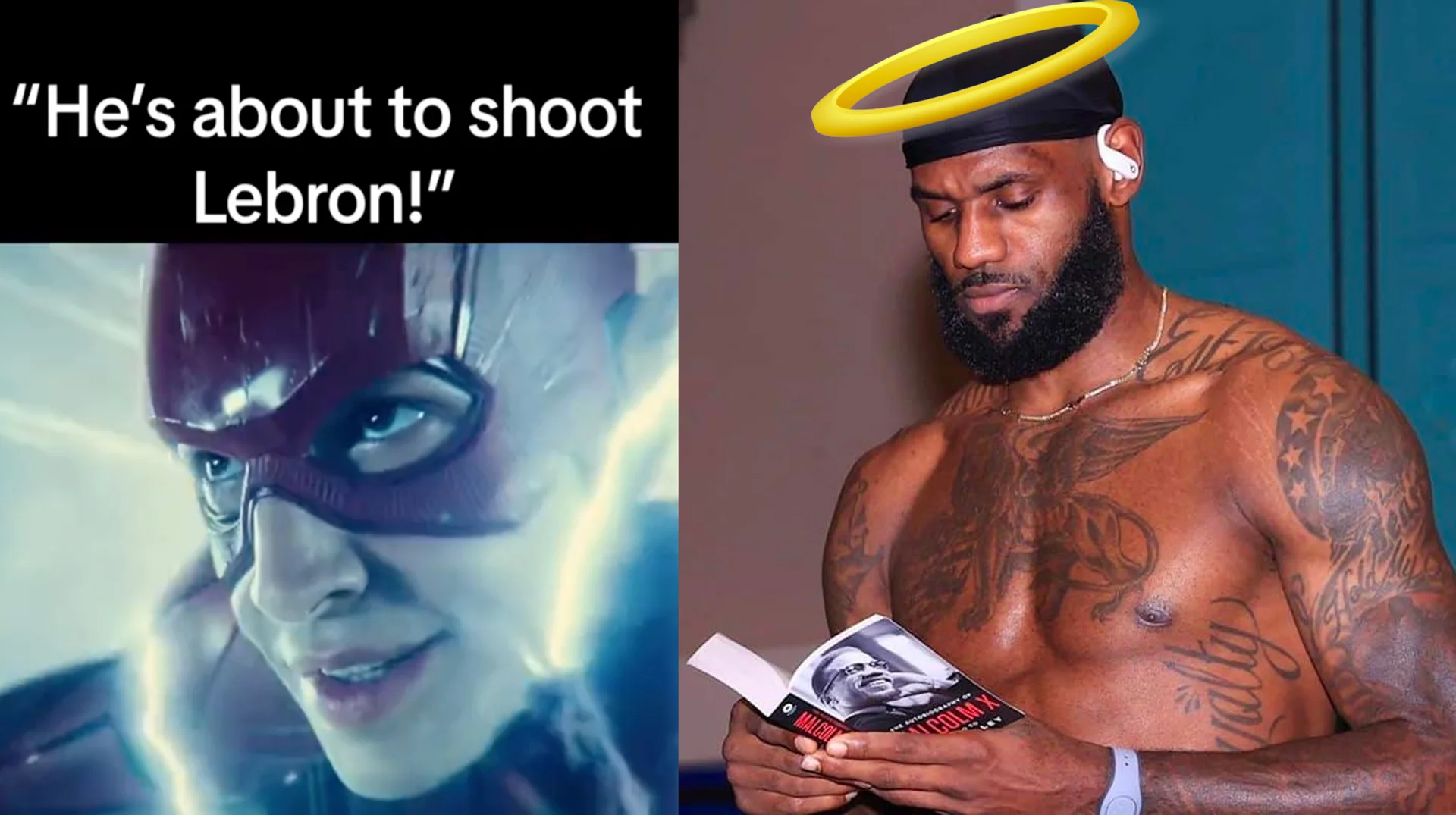 Lebron Glazing — Meme with Flash saying 'He's about to shoot Lebron!' next to LeBron James reading a Malcolm X book with a halo over his head