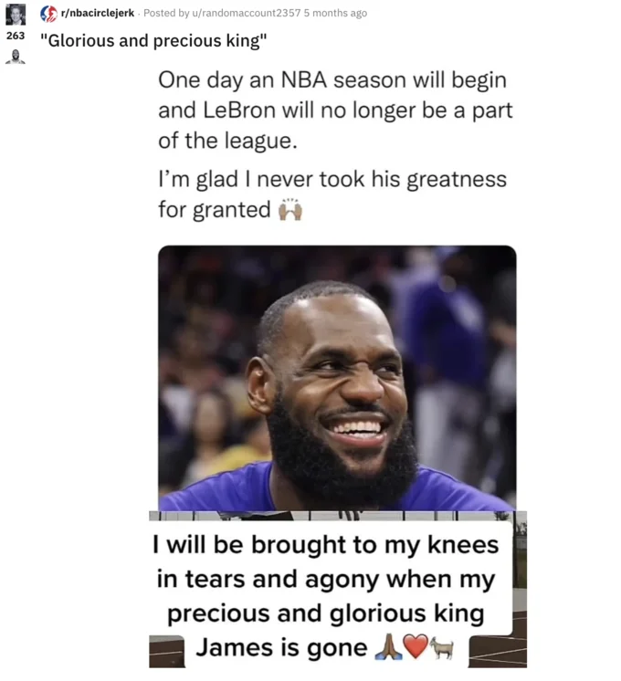 Lebron Glazing — Reddit post on r/nbacirclejerk titled 'Glorious and precious king' with exaggerated praise for LeBron James
