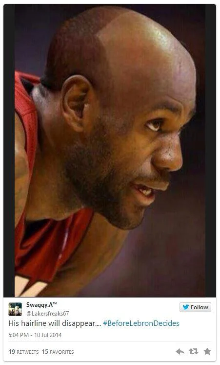 Photoshopped image of LeBron James with receding hairline in BeforeLeBronDecides tweet